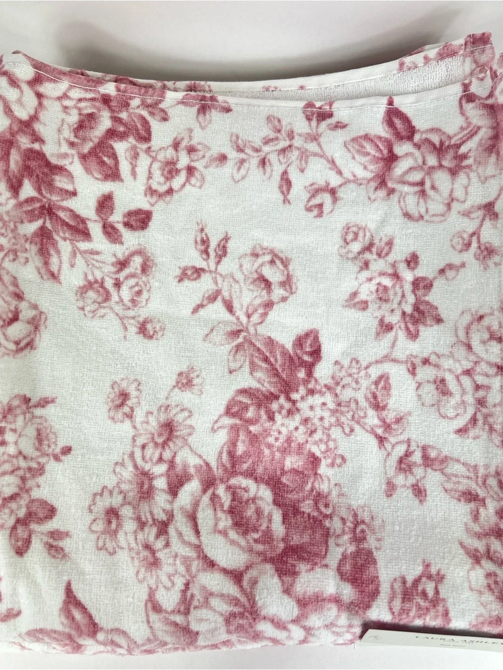 Laura Ashley Bath Towels Pink White Toile Floral Soft Velour Cotton 2 Pc Set NEW